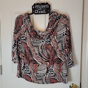 Cato XL Blouse Gypsy Ruffle Neckline Black Orange Tan White
